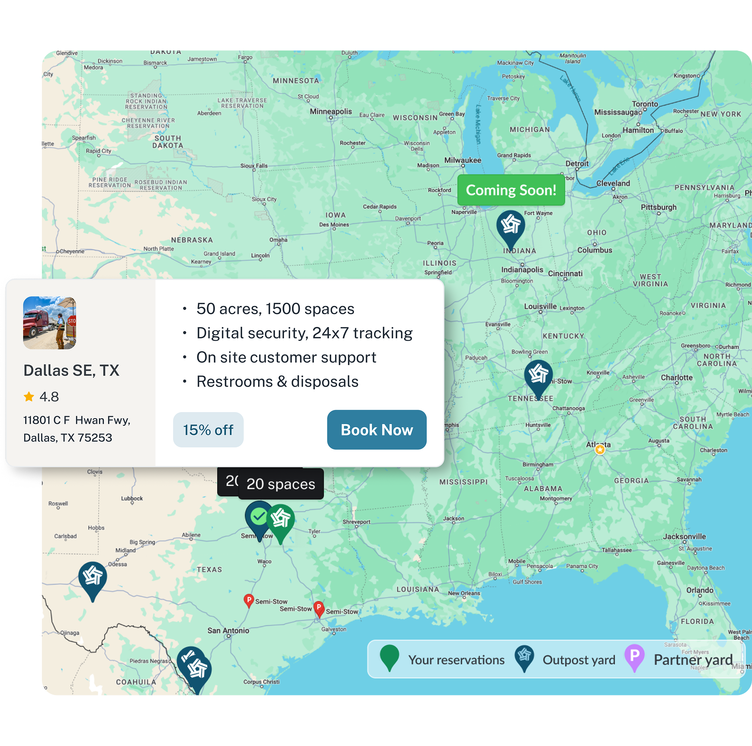 US Map with different pins scattered between the states of Pennsylvania and Texas with a chart of information about a Dallas location