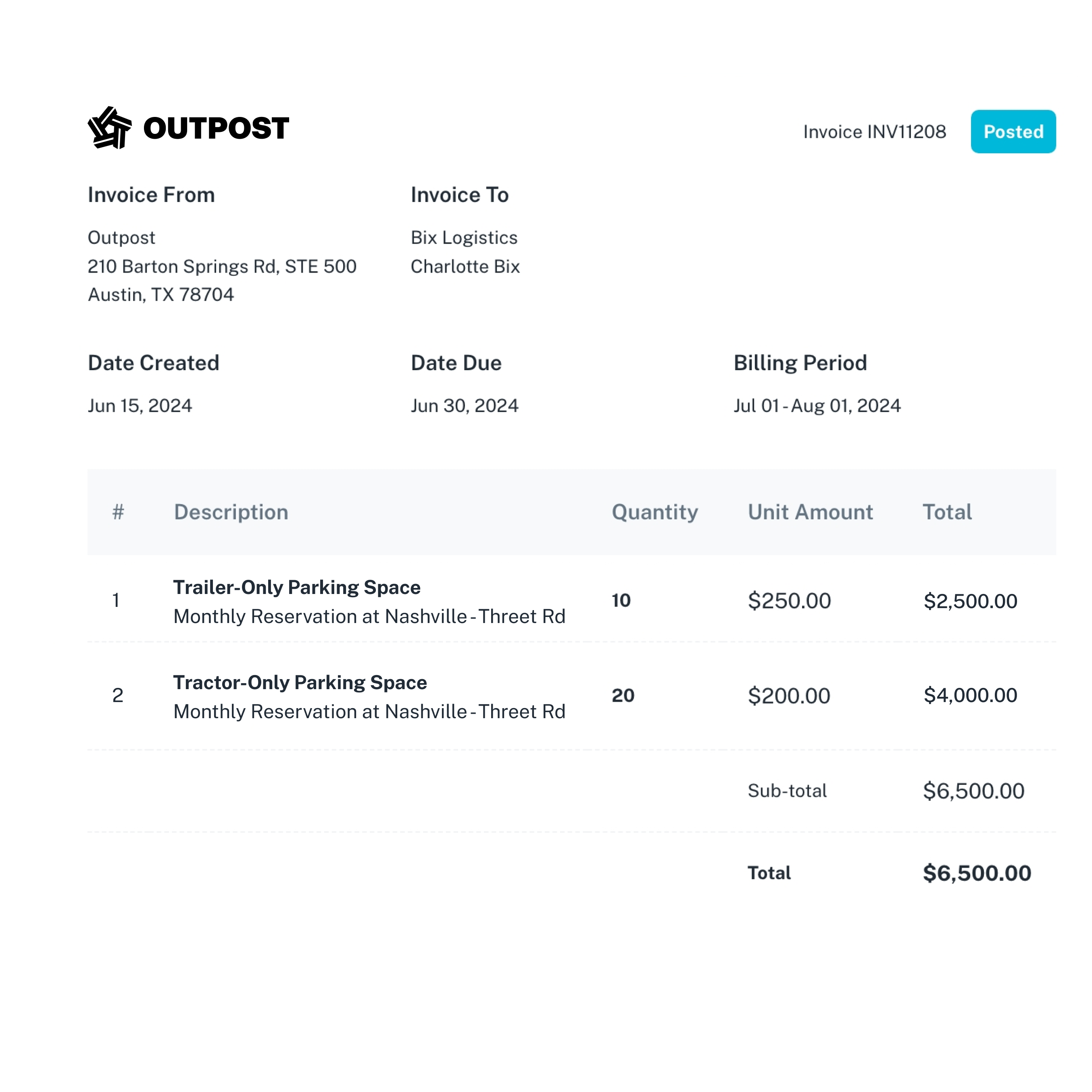 An invoice from Outpost with a description and different items summing a total of $6,500.00