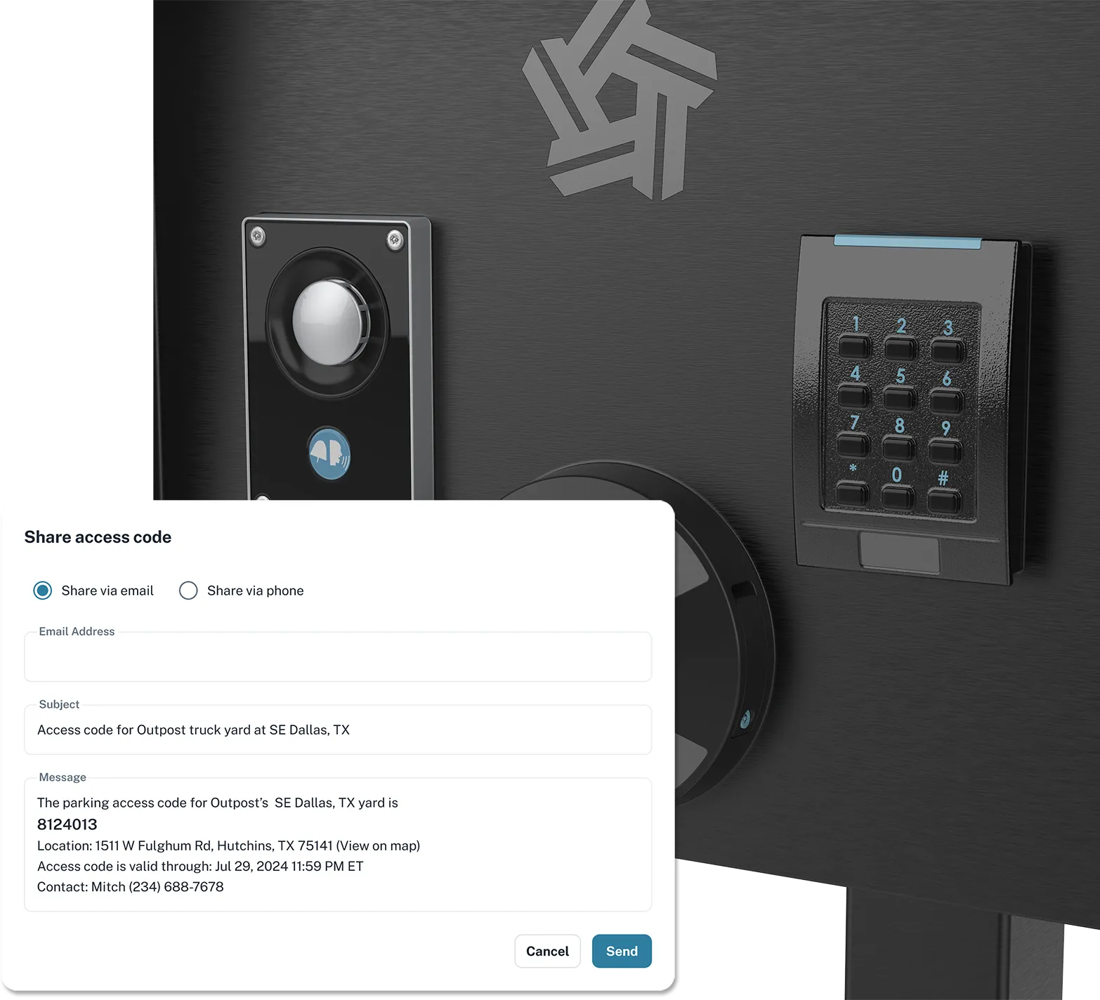 Black intercom with cameras and a numeric keyboard with a white chart of information on front