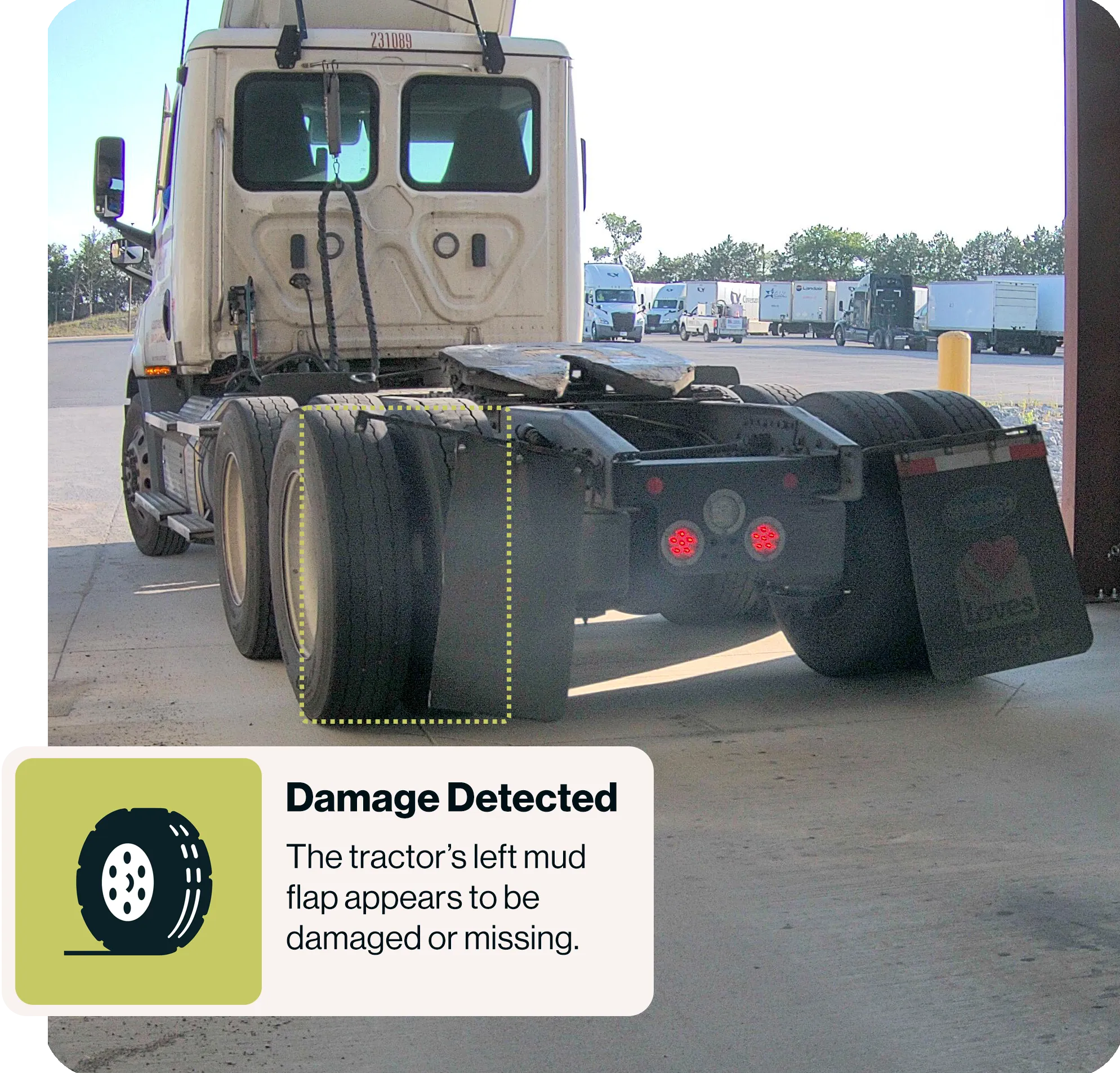 The back of a truck showing a missing or damaged left mud flap notification on top