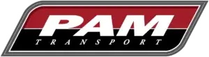 Logo of PAM Transport with bold white letters on a red and black background