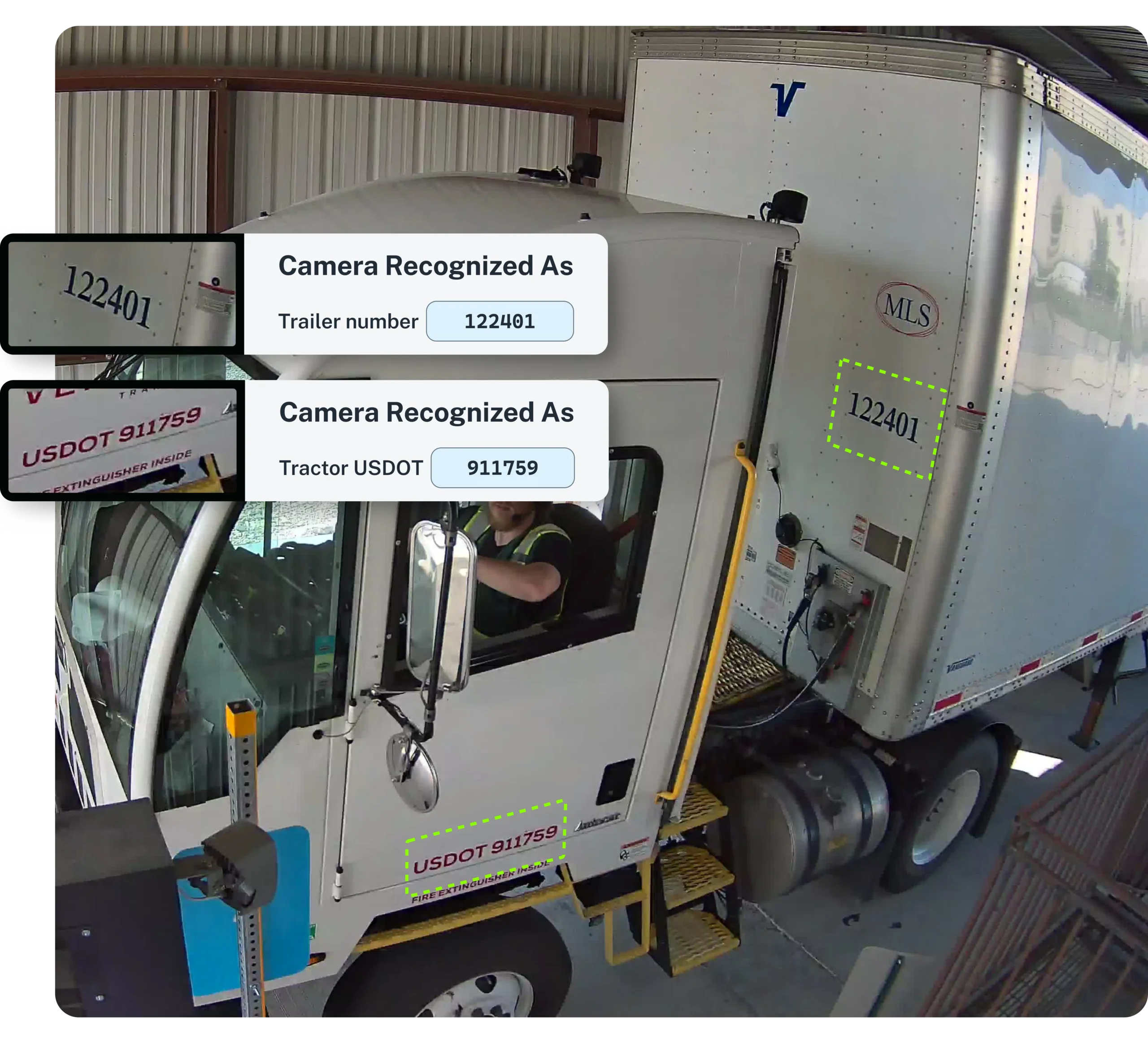 Close-up of a white truck with trailer number 122401 and USDOT number 911759 recognized by cameras