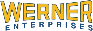 WERNER ENTERPRISES Logo with bold letters, colored yellow and dark blue