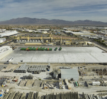 Aerial view of a large truck terminal and industrial yard